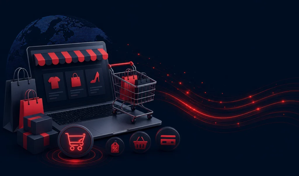 3D e-commerce graphic featuring a laptop and shopping cart for Markhor Digital Hub's professional e-commerce SEO services.