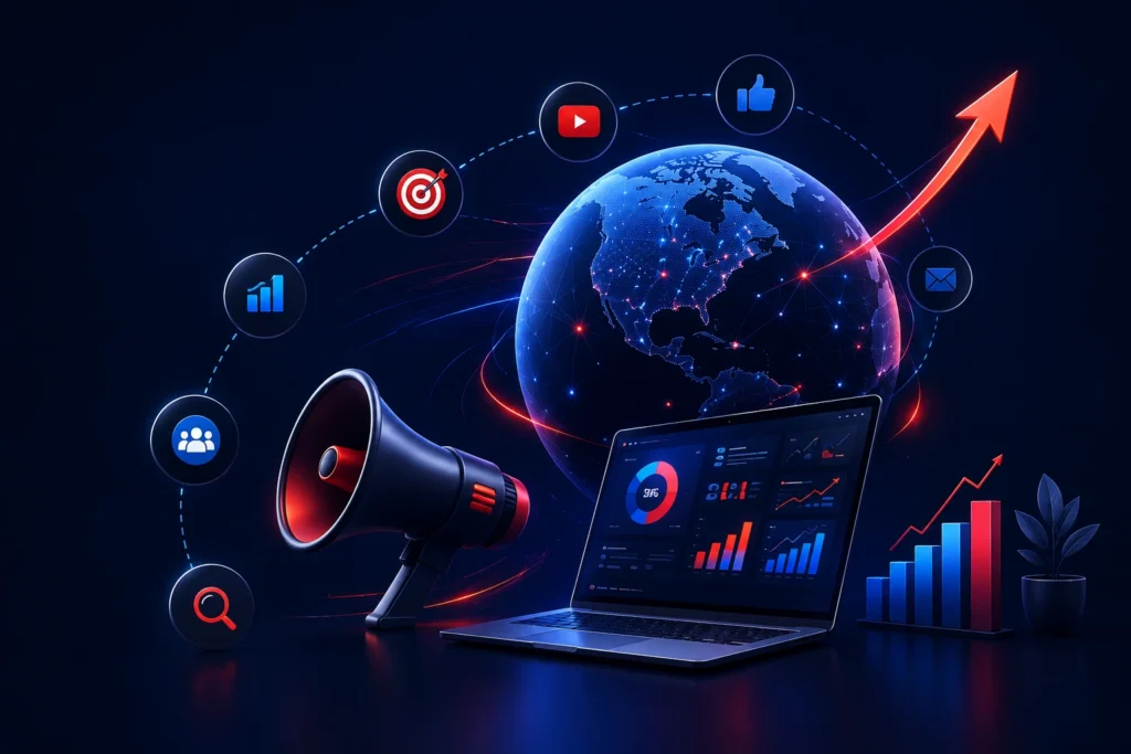 Laptop with data charts, a megaphone, and a globe with growth icons representing successful digital marketing strategies.