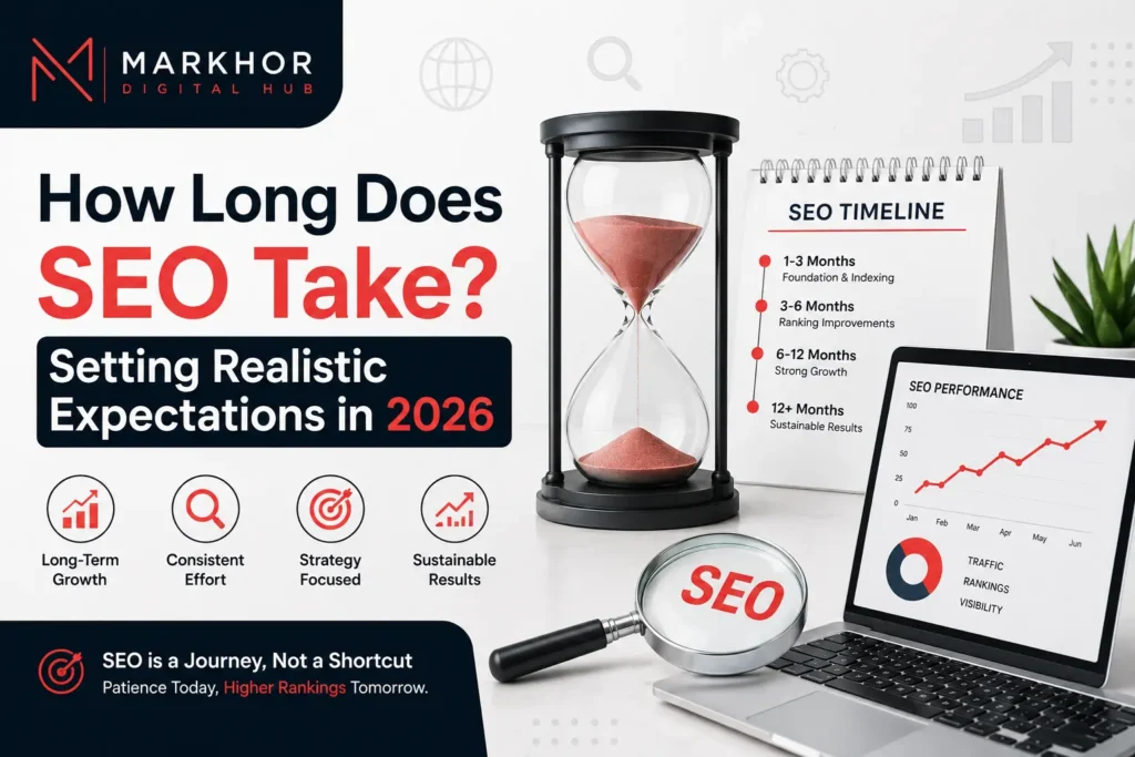 How long SEO takes in 2026 with search ranking timeline, growth chart, and digital marketing strategy illustration