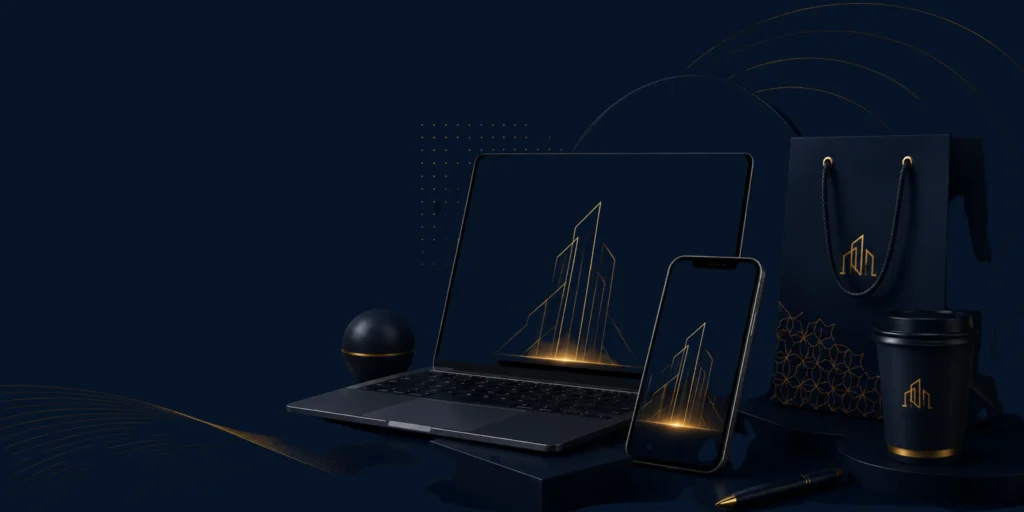 A sleek, dark-themed mockup featuring a laptop, phone, bag, and cup with gold design elements for high-end brand identity.
