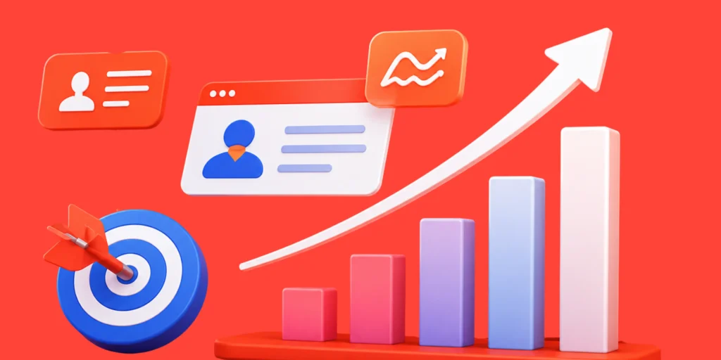 3D graphic featuring a growth chart, target, and user profiles, representing successful marketing and effective CTA strategy.