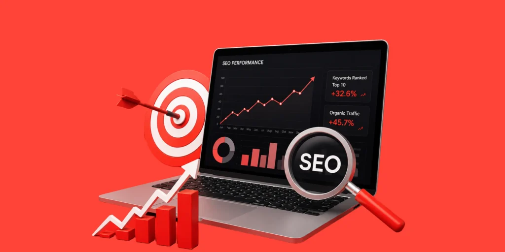 A laptop displaying SEO performance charts with a magnifying glass and target, emphasizing the power of an effective CTA.