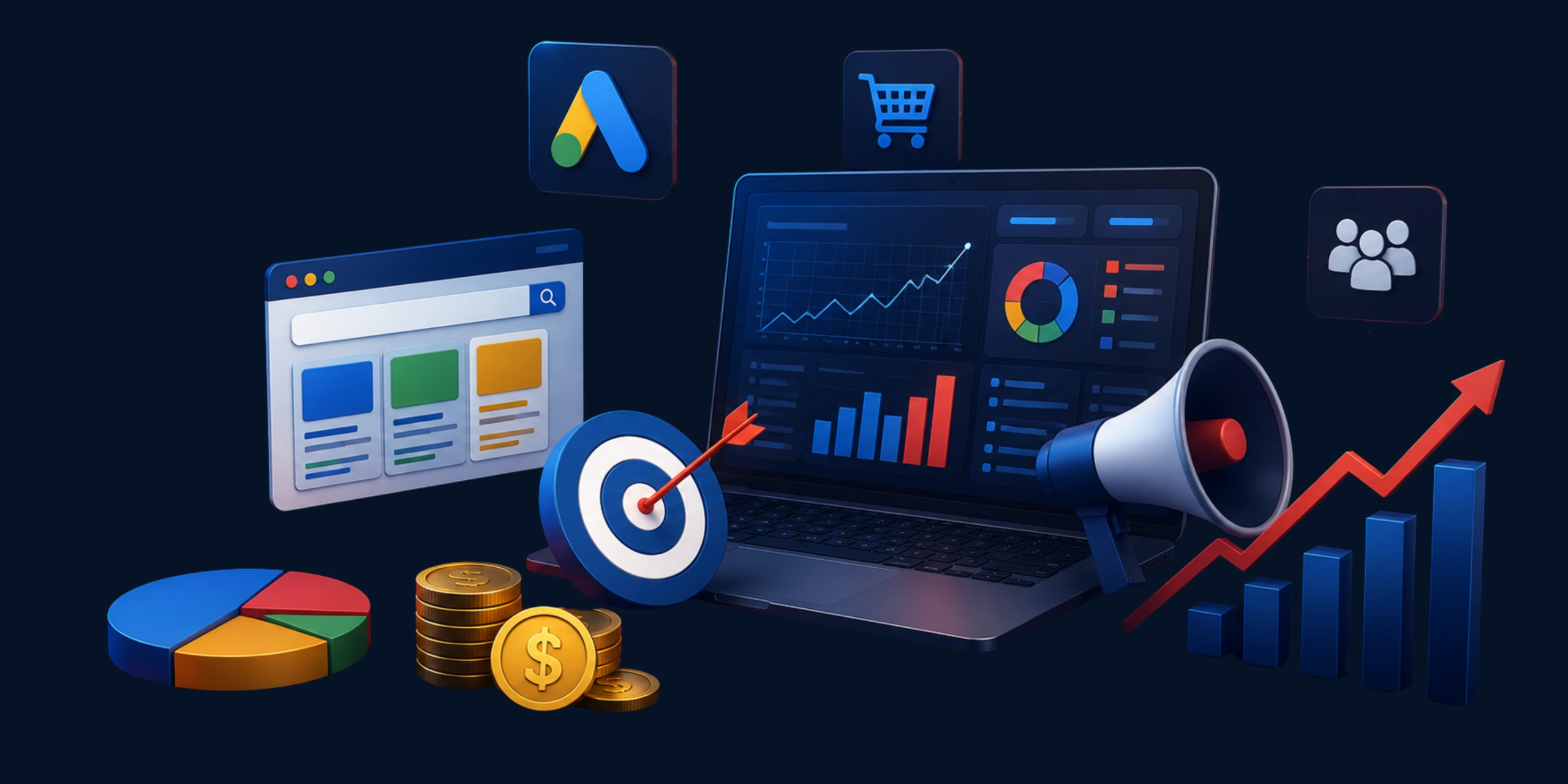 A 3D illustration featuring a laptop, analytics charts, coins, and a target, representing expert PPC services and marketing.