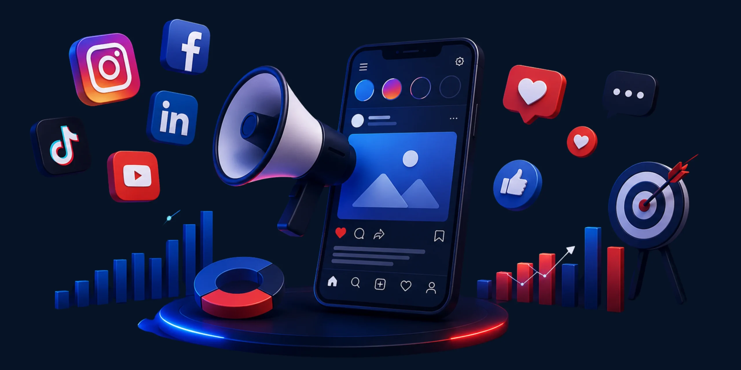 3D social media marketing concept with smartphone, megaphone, platform icons, engagement charts, likes and target data.
