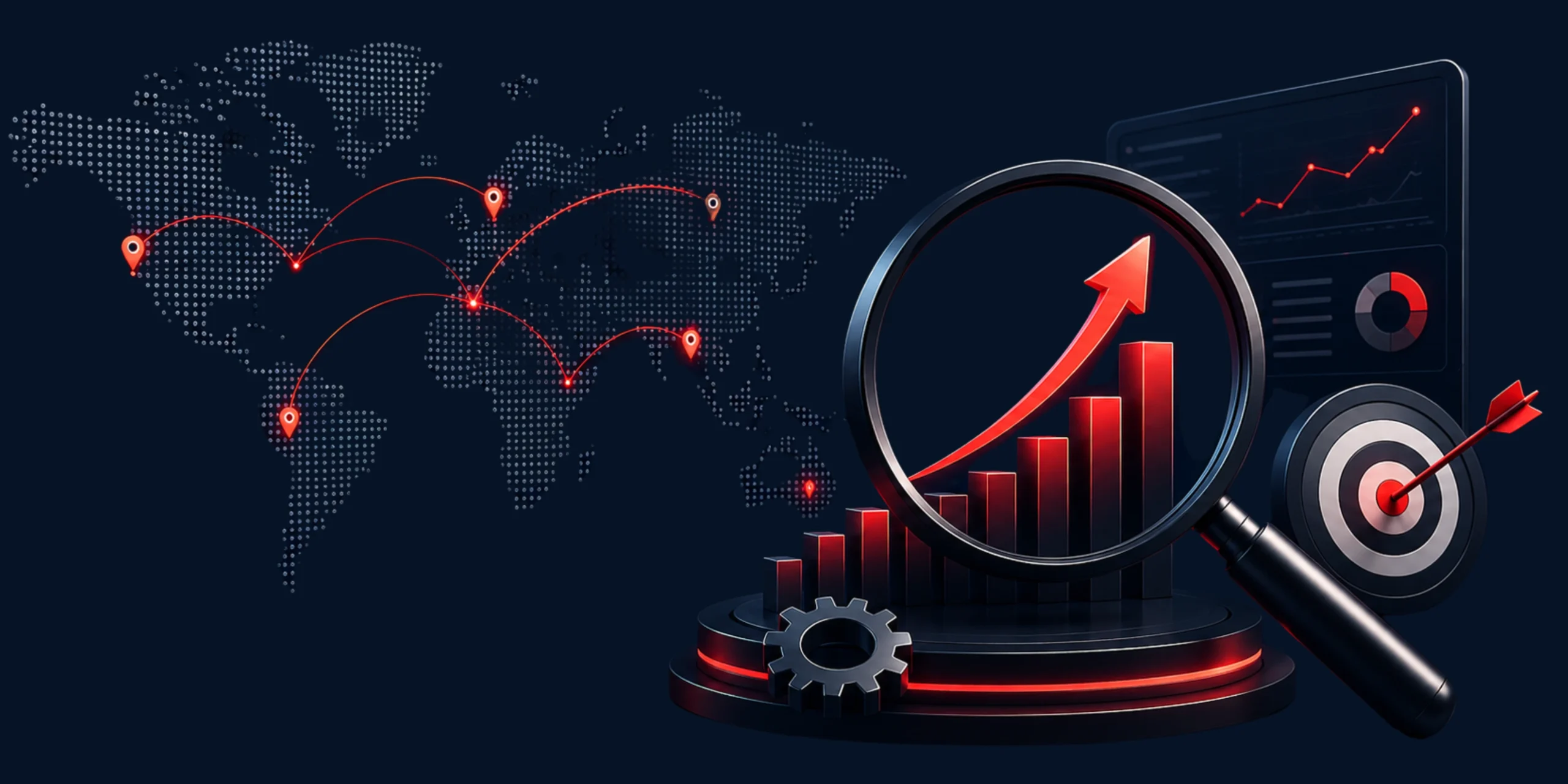Graphic showing SEO growth, a magnifying glass, and global data for Markhor Digital Hub's professional SEO services.