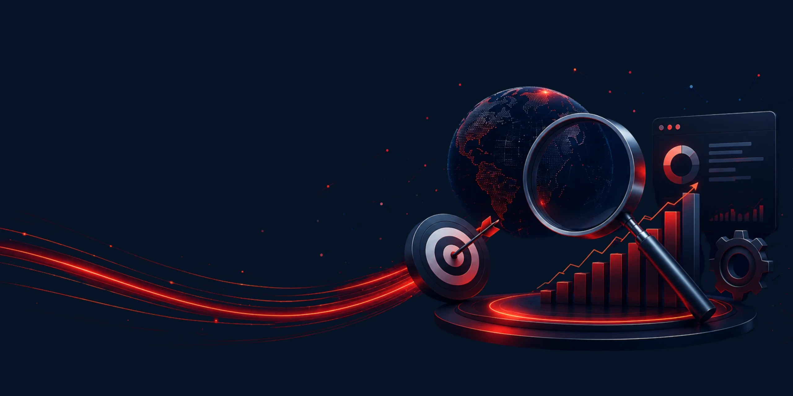 3D graphic showing global data, charts, and a target for Markhor Digital Hub's advanced Generative Engine Optimization.