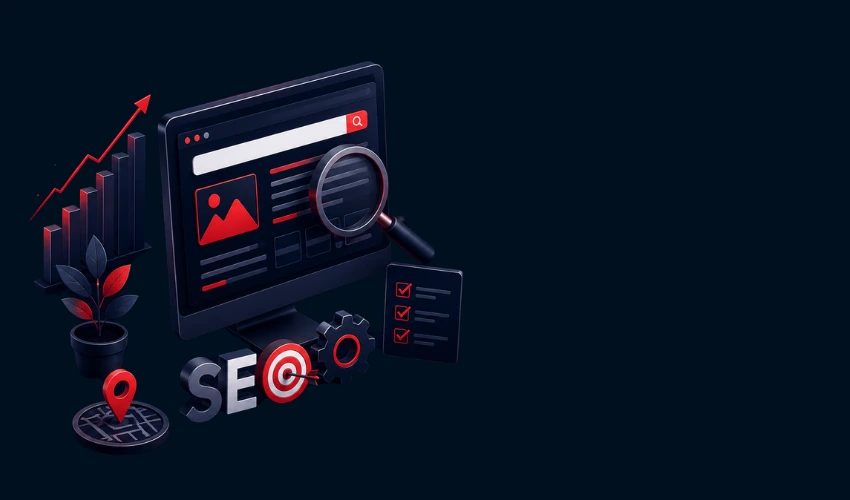 3D graphic with computer, charts, and magnifying glass for Markhor Digital Hub's professional on-page SEO services.