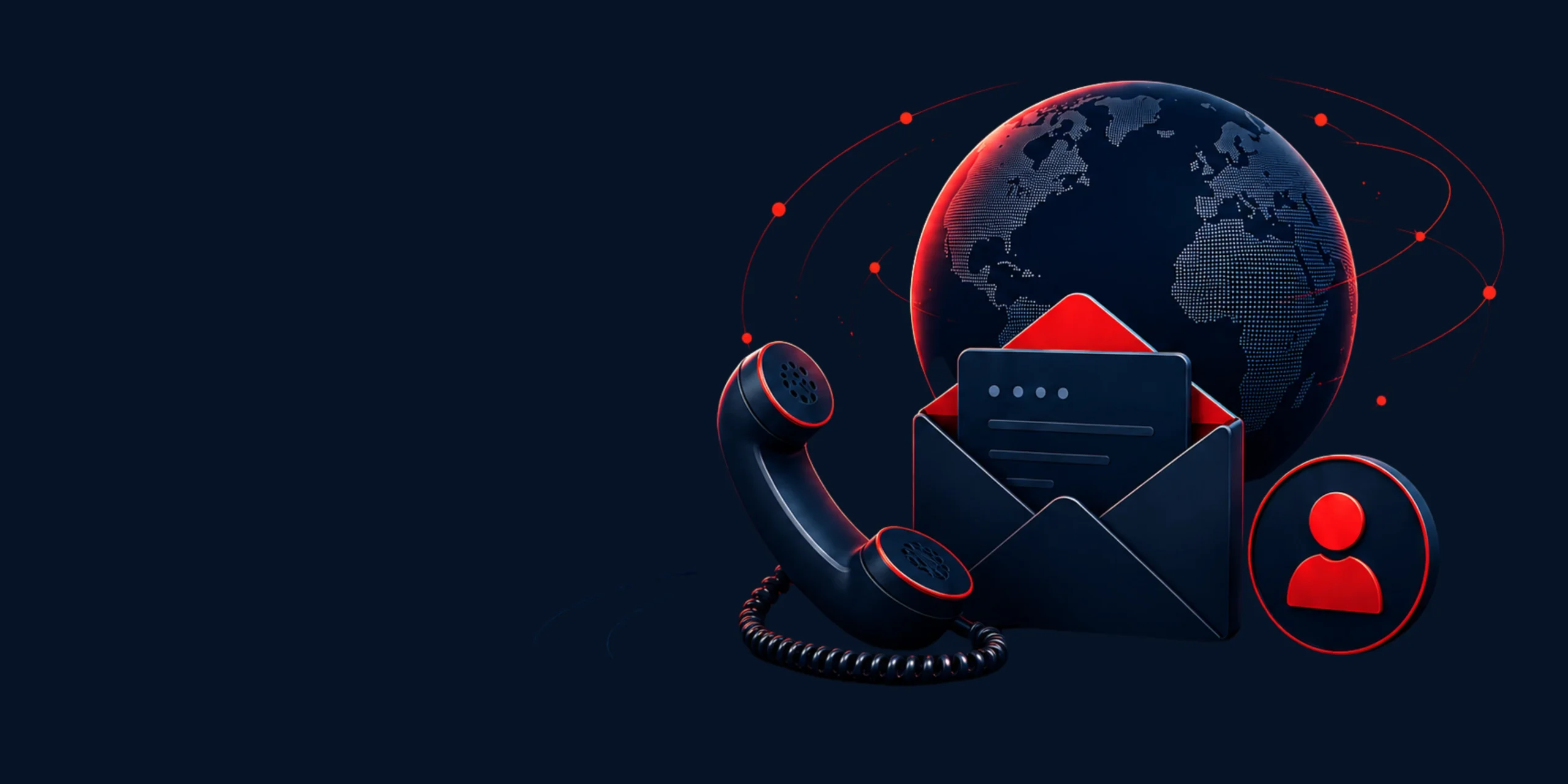 Contact us banner with email envelope, phone, user icon and global communication network on dark blue background.