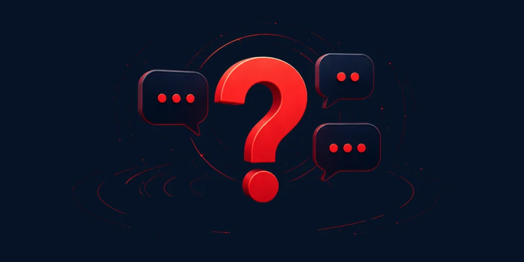 3D FAQ banner featuring red question mark, chat bubbles and modern support icons on dark blue #071325 background.