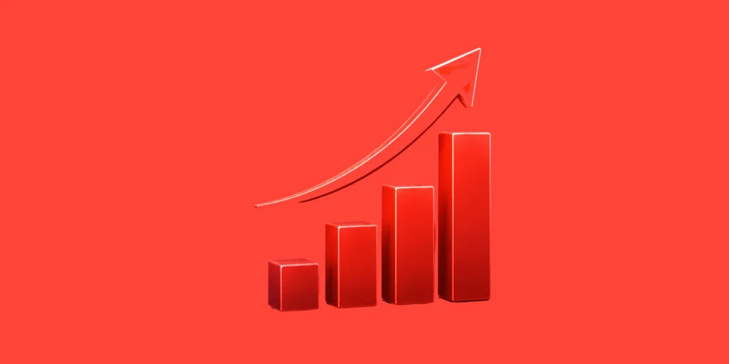 3D business growth chart with rising bars and upward arrow on red background, symbolizing analytics and success