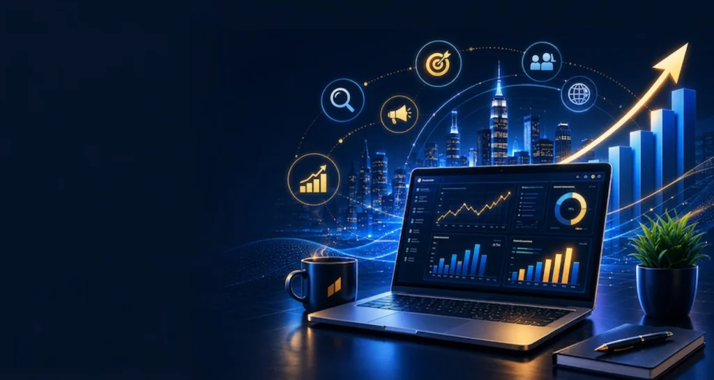 Laptop displaying data analytics charts with marketing icons over a professional dark navy blue city skyline background.
