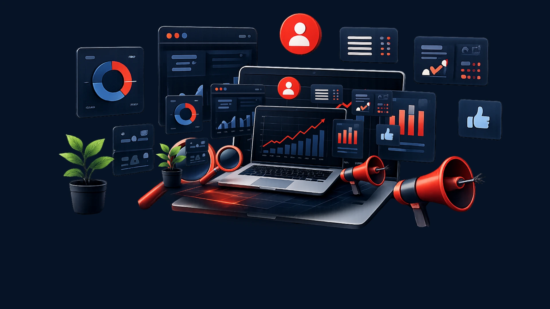 Digital marketing analytics dashboard with SEO charts, social media metrics, PPC reports, and business growth tools.