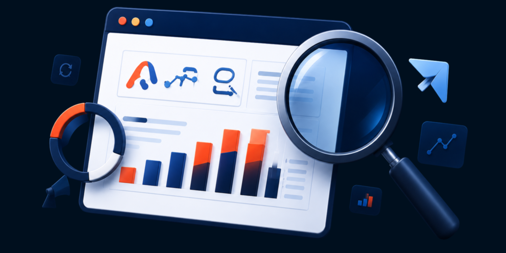 SEO analytics dashboard with performance charts, keyword research, website audit, search ranking, and traffic insights.