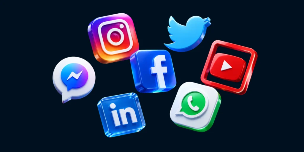 3D social media icons including Instagram, Facebook, YouTube, LinkedIn, WhatsApp, Twitter and Messenger for digital marketing.