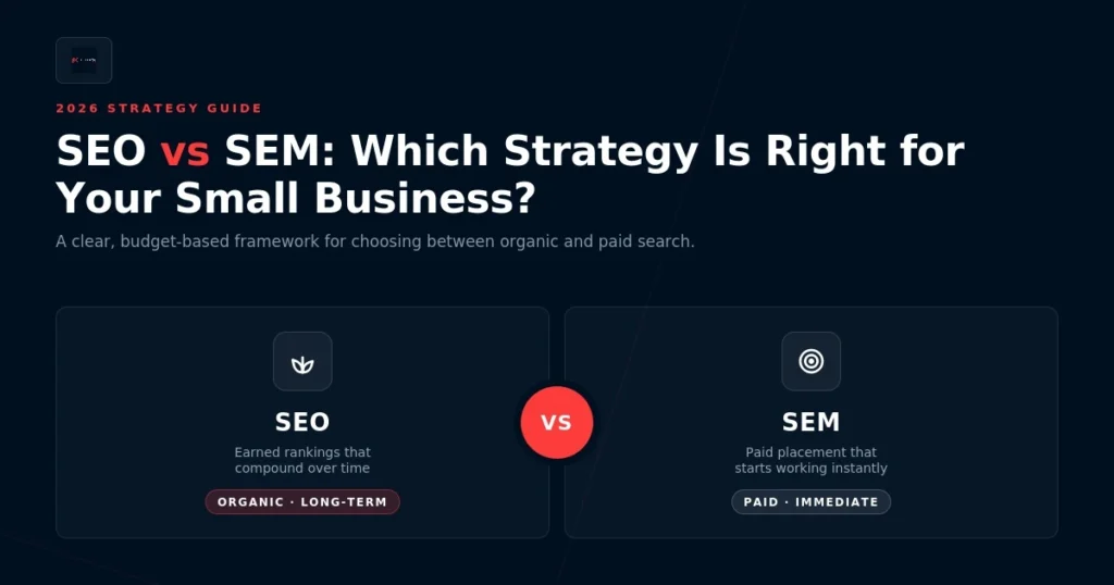 SEO vs SEM for small businesses: compare organic long-term SEO with paid immediate SEM search marketing strategies tips.