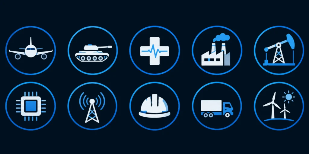 Icons representing industrial sectors we serve: aerospace, defense, healthcare, manufacturing, energy, tech, and logistics.