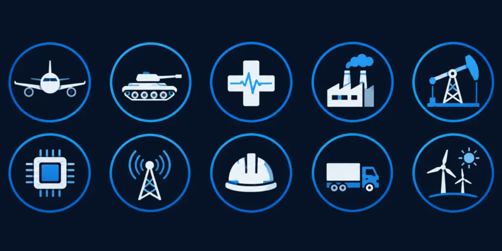 Icons representing industrial sectors we serve: aerospace, defense, healthcare, manufacturing, energy, tech, and logistics.