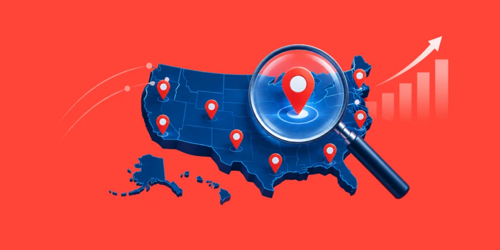 Magnifying glass over USA map with location pins and market growth chart.