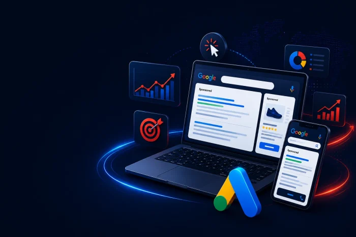 A laptop and mobile phone displaying responsive Google search ads, surrounded by performance charts and data icons.