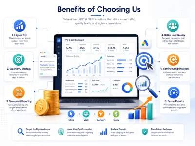 Infographic on why choose us PPC & SEM, showing a laptop dashboard surrounded by ROI, strategy, and optimization icons.