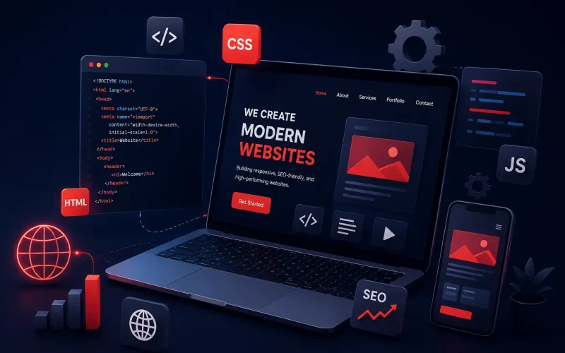 Web development concept with laptop, HTML, CSS, JavaScript, responsive design, SEO tools and a mobile website interface.