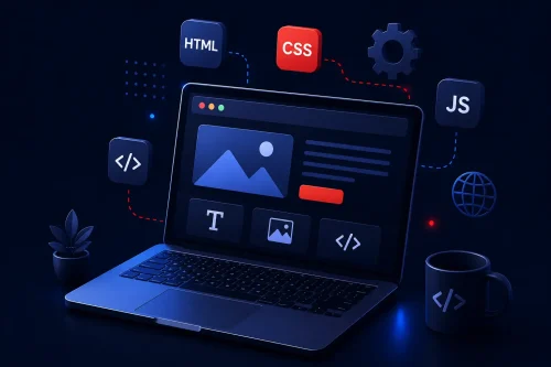 A laptop displaying web design elements, surrounded by 3D icons representing HTML, CSS, JavaScript, and frontend development.