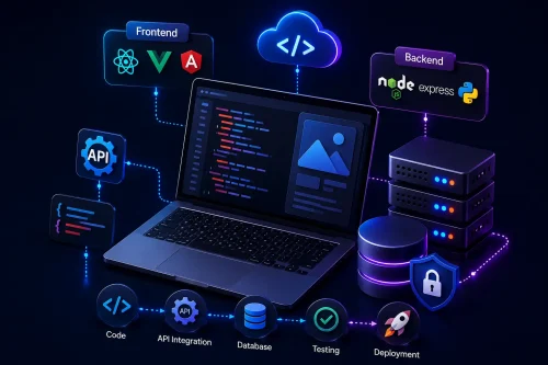 A diagram showing the fullstack web development process, including frontend, backend, APIs, database, and deployment.