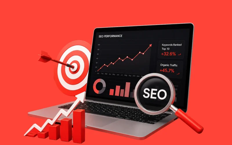 A laptop displaying SEO performance charts with a magnifying glass and target, emphasizing the power of an effective CTA.