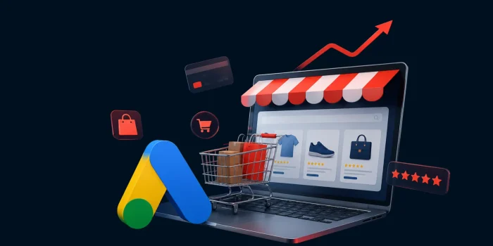 A 3D graphic of a laptop showing an online store, a shopping cart, and Google Ads, representing effective Google Shopping Ads.