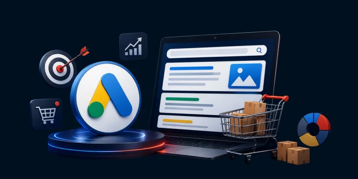 A 3D visualization featuring a laptop, shopping cart, and marketing icons, representing effective Google Display Ads strategy.