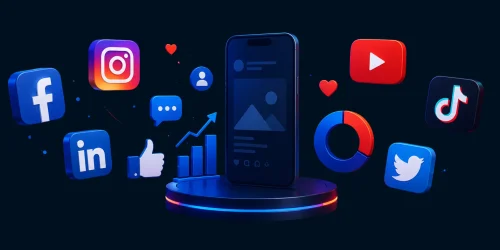 3D social media analytics with smartphone, platform icons, engagement charts, likes, audience data and growth metrics.