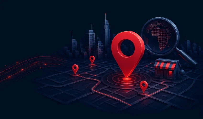 3D map graphic with location pins for Markhor Digital Hub's local SEO services on a dark, professional background.