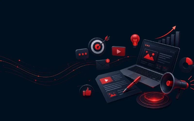 3D digital marketing graphic for Markhor Digital Hub, showcasing tools for professional content marketing strategies.