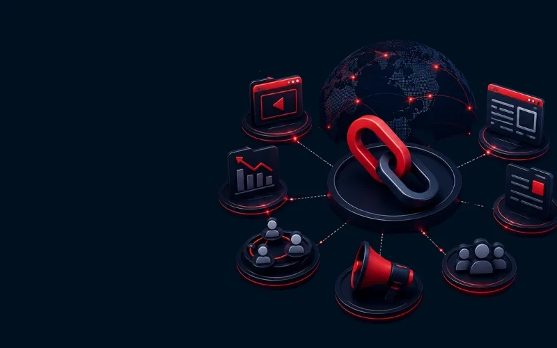 3D graphic showing link building and digital connectivity for Markhor Digital Hub's professional off-page SEO services.