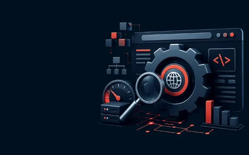 Technical SEO audit dashboard with gear, code, analytics, speed meter and magnifying glass for website optimization SEO.