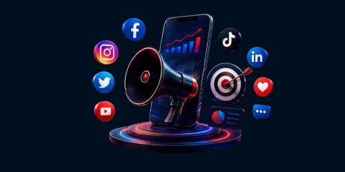 3D result-oriented ads campaigns concept with smartphone, megaphone, social icons, target, engagement and growth charts.