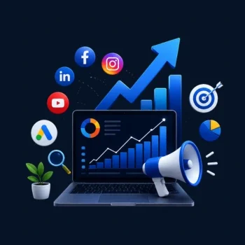 Laptop displaying analytics, megaphone, and social media icons representing digital marketing growth for online businesses.
