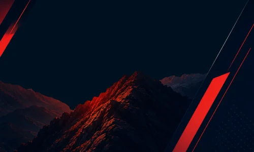 Modern digital marketing agency hero banner with dark mountain background, red accents, and professional website design.