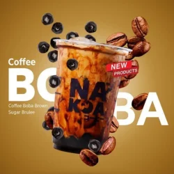 Coffee boba brown sugar brulee drink with tapioca pearls and coffee beans in premium beverage product design.