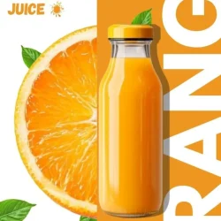 Fresh orange juice bottle packaging with sliced orange and green leaves, vibrant product branding mockup design.