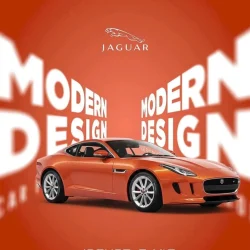 Orange Jaguar F-Type luxury sports car with modern design on vibrant orange background, showcasing sleek styling.