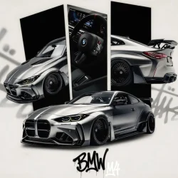 Custom silver BMW M4 widebody sports car artwork featuring front, rear and interior views with aggressive styling.