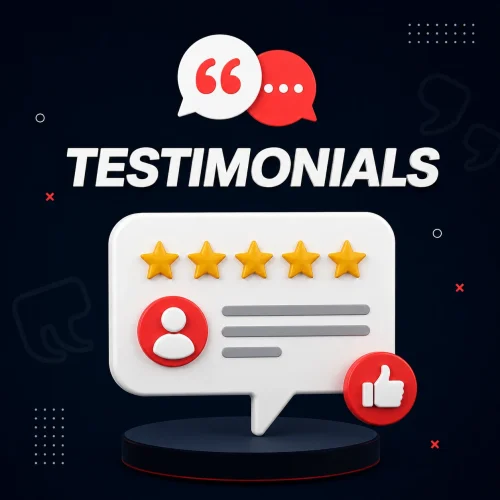 3D five-star review graphic for Markhor Digital Hub's Services testimonials on a dark background.